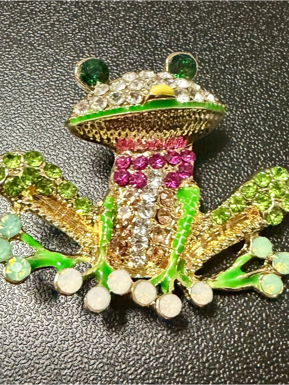 Crystal Frog Brooch with Green Enamel and Pink Accents
